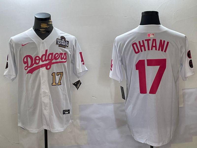 Men Los Angeles Dodgers #17 Ohtani White pink joint name 2024 Nike MLB Jersey style 10272